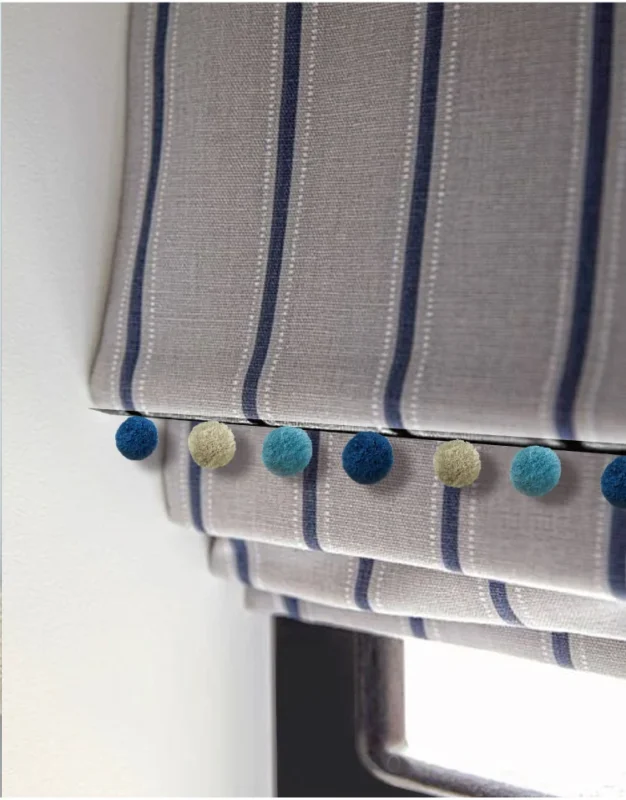 Roman Shade with Colorful Pom Pom Trim – Soft Window Treatment Detail