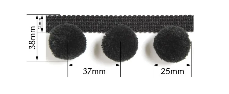 Black soft pom pom trim with 37mm tassel length – size reference image