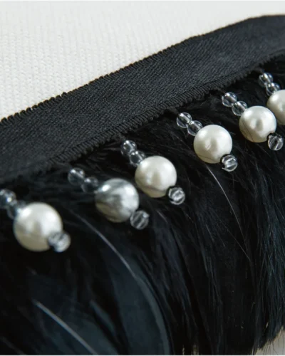 blush pink feather curtain trim with pearls