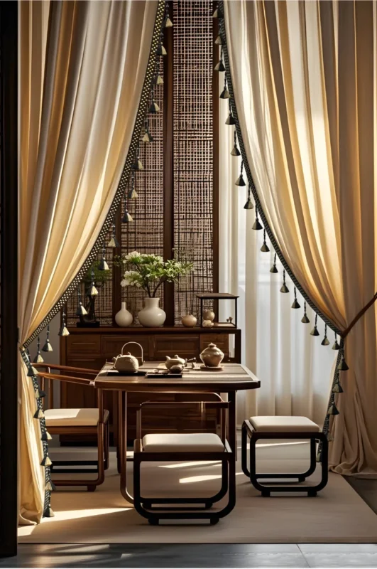 Bamboo Rhythm Tassel Trim on bamboo-inspired curtain in classic interior