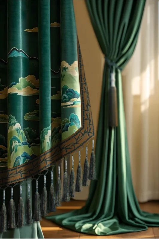 Green curtain with gold embroidered fringe and tassels, styled in a luxurious Oriental interior