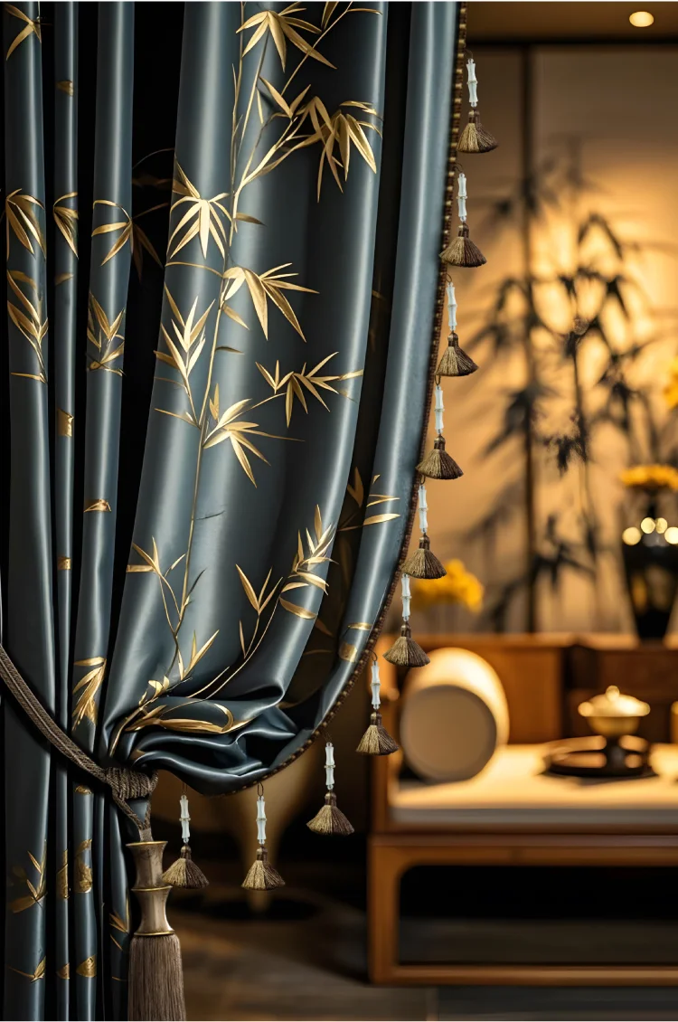 Bamboo Rhythm Tassel Trim on blue bamboo curtain in oriental lounge