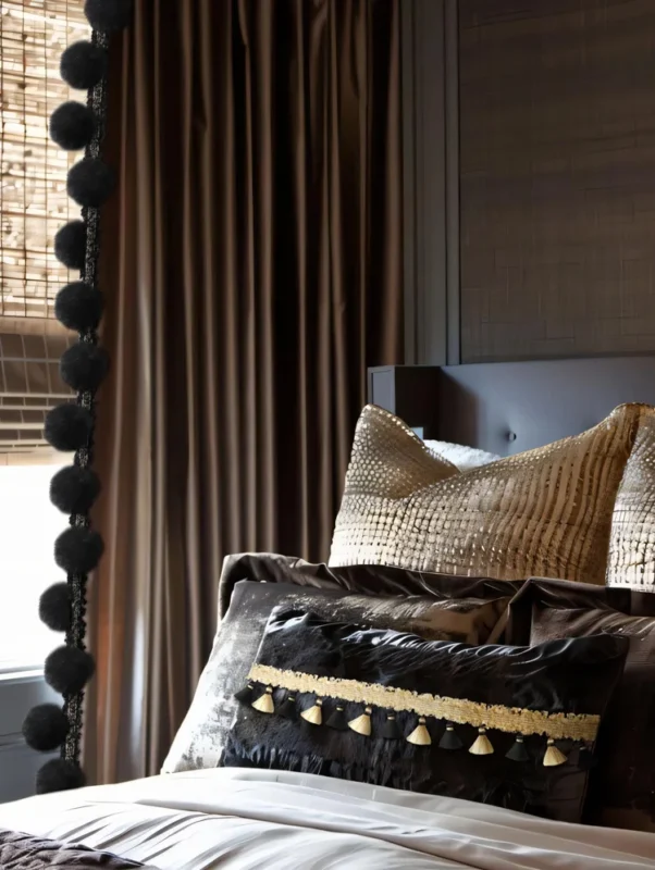velvet pom pom trim on custom curtains in modern bedroom