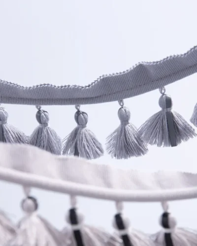 Main product image of double-layer gray tassel fringe trim with wavy braid and hanging tassels