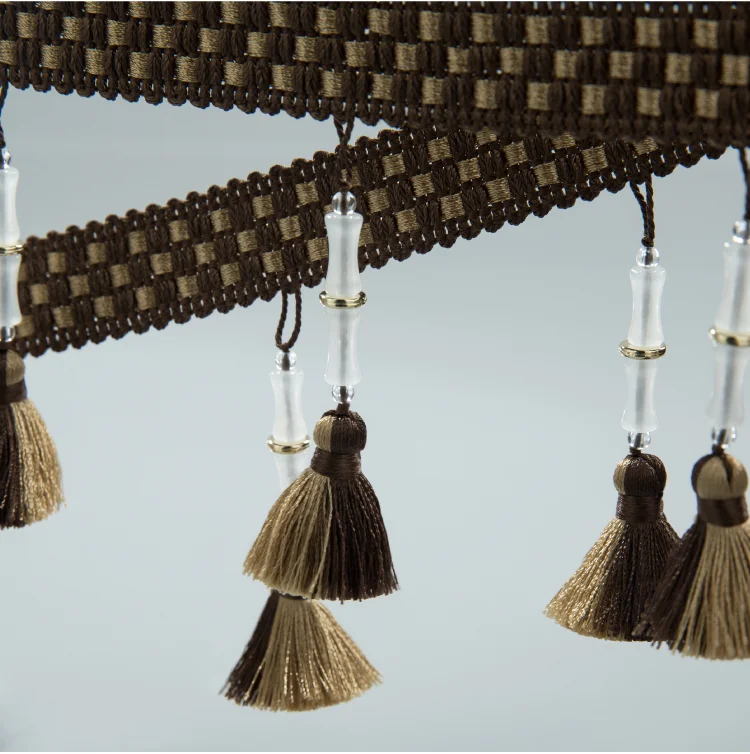 bamboo tassel curtain trim in green and neutral tones