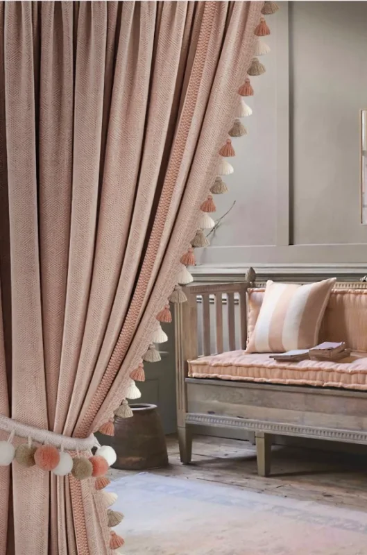 Close-up of curtain tassel fringe detail in blush brown tone – Lemonhone custom drapery