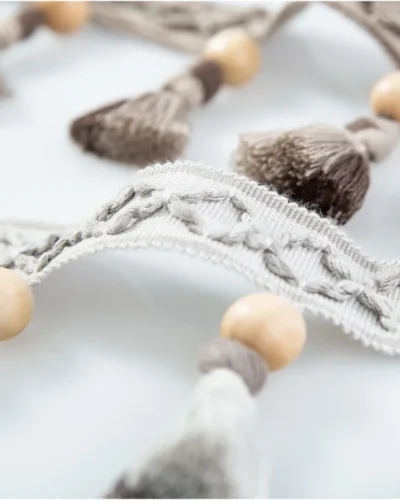 Norwegian Forest Wood Bead Tassel Trim – Close-up Texture and Bead Details