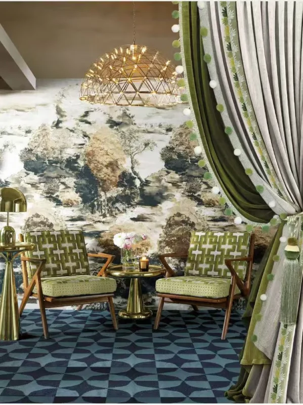 Luxury European-style interior with green pom pom tassel curtain trim and layered drapery