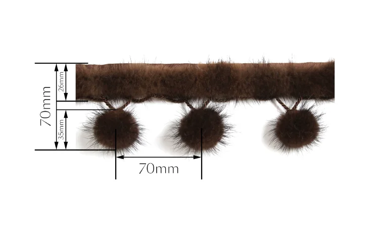 Dimension diagram of Mink Whisper Trim – brown pom pom fringe with size labels for band height and tassel spacing