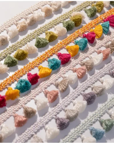 Multicolor curtain tassel trims displayed in rows – Eden Garden Fringe by Lemonhone