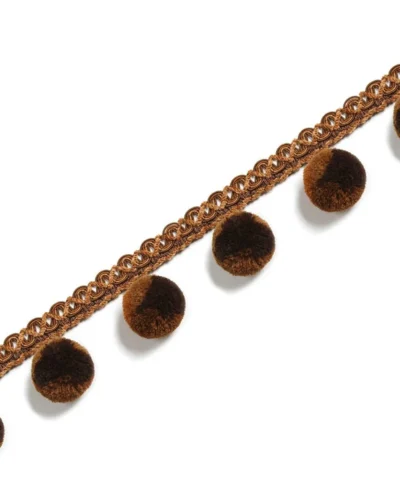 Chocolate pom pom curtain fringe with braided lace trim in warm brown tones