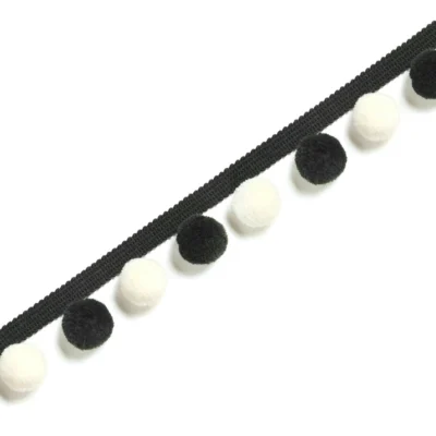 Black and white pom pom fringe trim for modern curtain or pillow accents