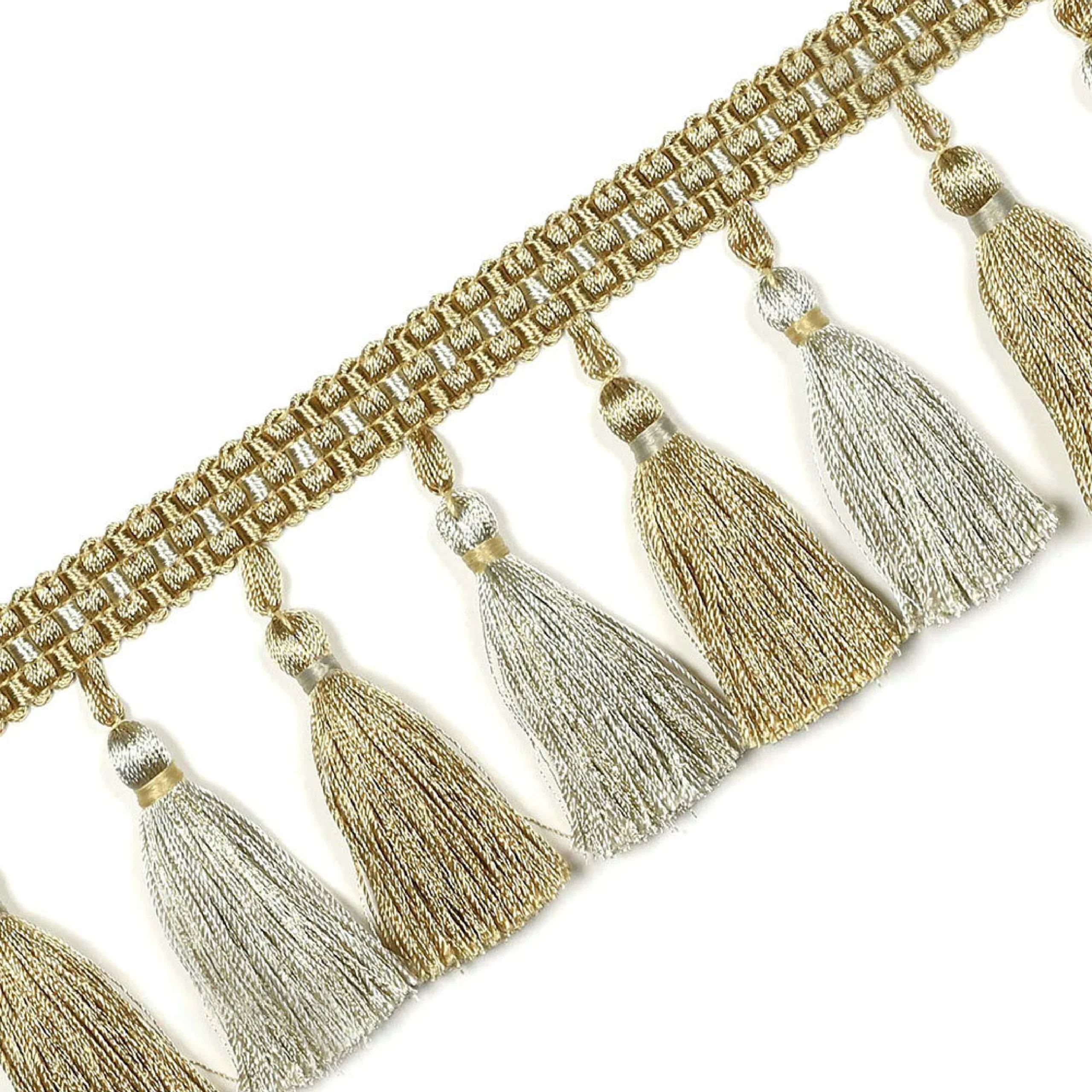 Color Isle Tassel Fringe Trim – Beige and Gold Decorative Curtain Trim