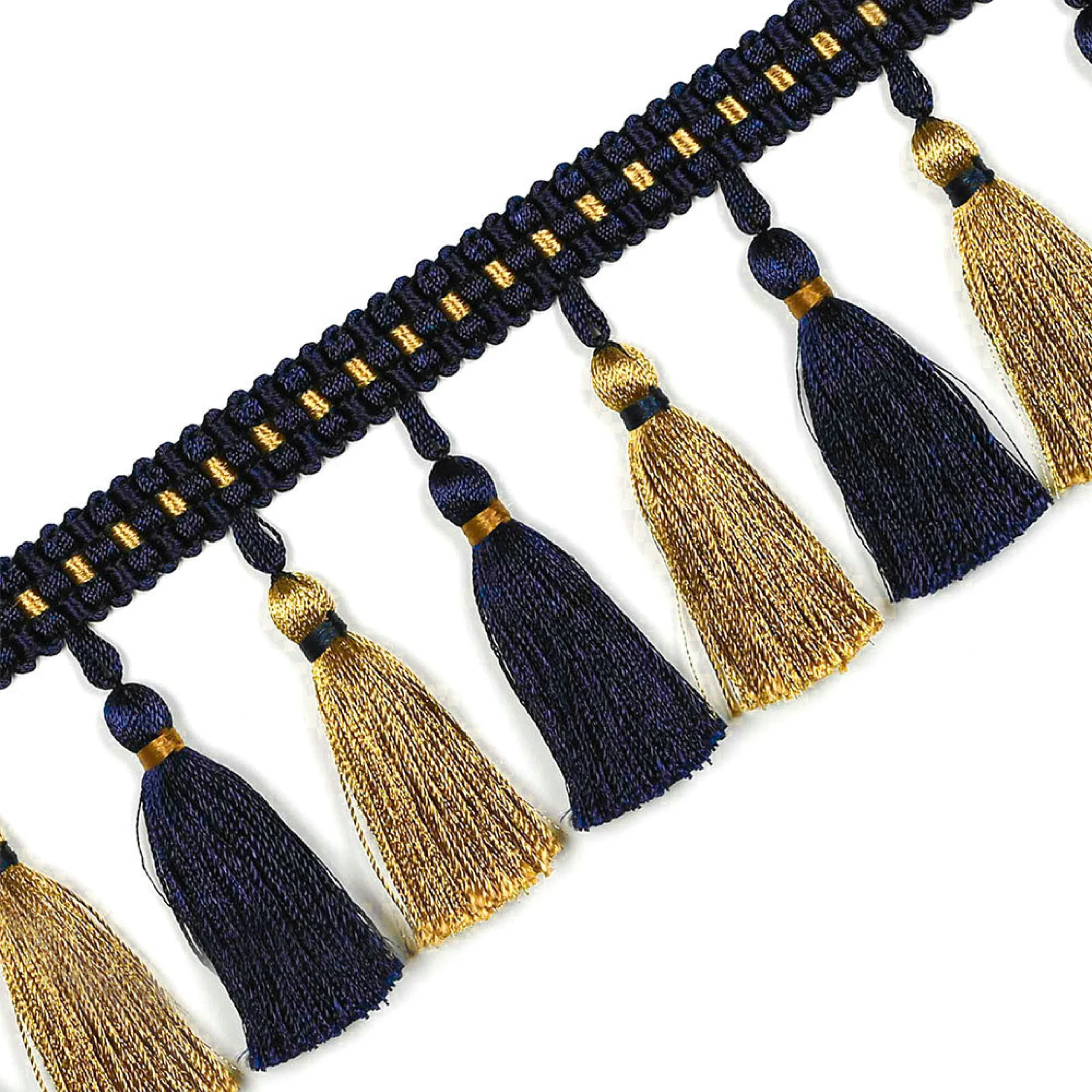 Color Isle Tassel Fringe Trim – Navy and Gold Curtain Trim Detail
