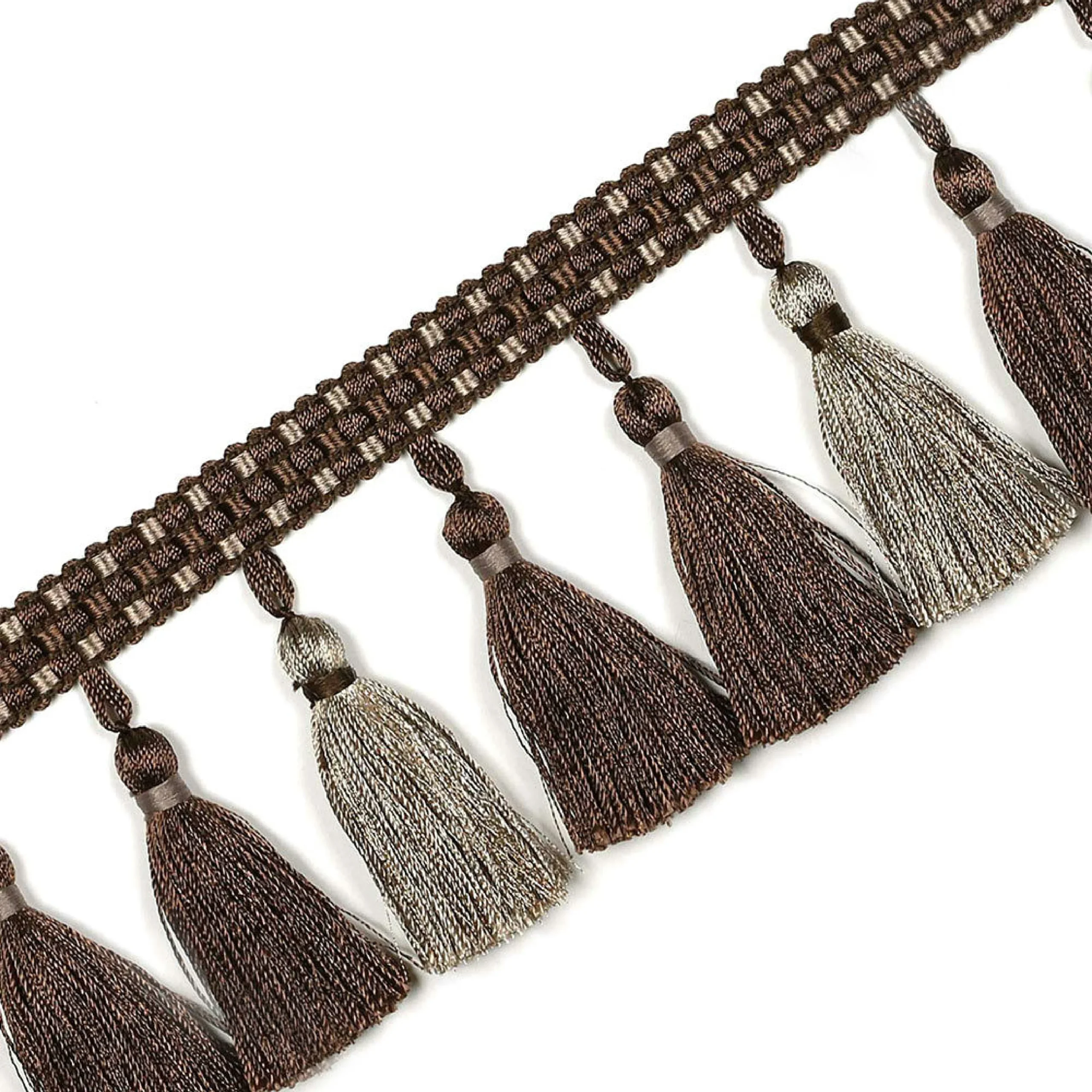Color Isle Tassel Fringe Trim – Brown and Grey Curtain Trim Detail