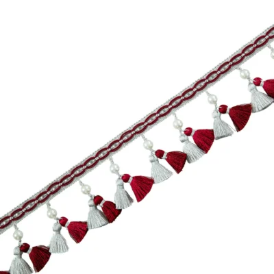 Annecy Tassel Curtain Trim in white and burgundy – decorative fringe for drapery and valances