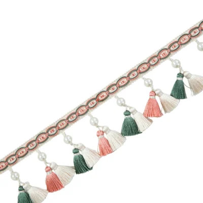 Annecy Tassel Curtain Trim in blush pink and sage green – pastel fringe for curtains and upholstery