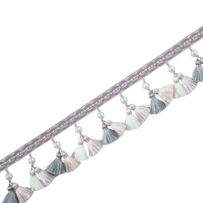 Annecy Tassel Curtain Trim in white and gray – soft neutral fringe for classic and modern drapery