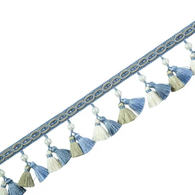 Annecy Tassel Curtain Trim in blue – cool blue decorative fringe for refined interiors