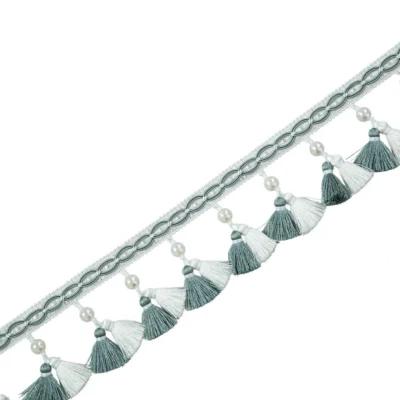 Annecy Tassel Curtain Trim in sage green – soft green decorative fringe for classic curtains