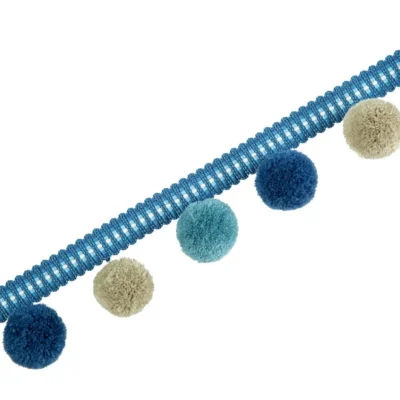 Cloud Dream Large Pom Pom Fringe in blue and ivory