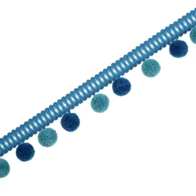 “Blue and teal velvet pom pom fringe trim for curtains and upholstery”