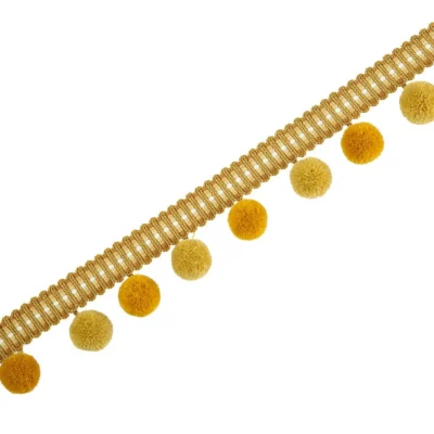 Golden and mustard yellow velvet pom pom fringe trim for curtains and soft furnishings