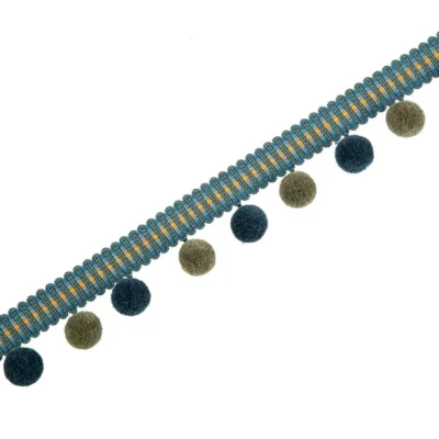Teal and olive velvet pom pom fringe trim for curtains and home décor accents