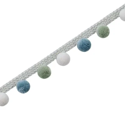 Blue, green, and white pom pom curtain trim – fresh decorative fringe for custom drapery