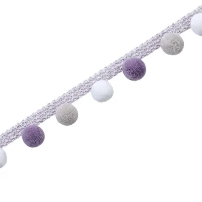 Dual-tone purple and white pom pom curtain trim – soft tassel fringe for custom drapery