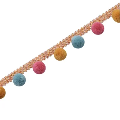 Colorful pom pom tassel curtain trim – pink, blue, mustard and terracotta pom fringe