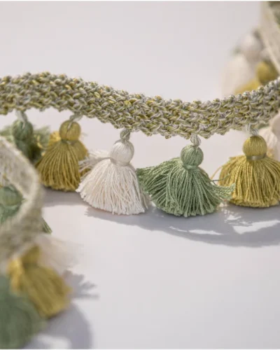 Olive and ivory curtain tassel trim – Eden Garden Fringe by Lemonhone