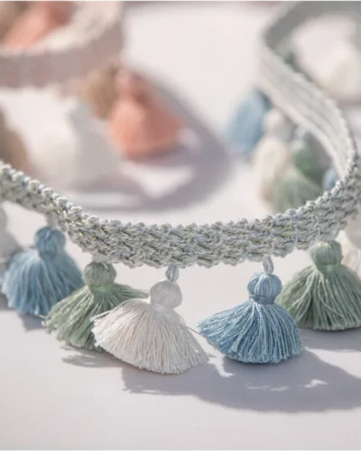 Blue, green, and ivory curtain tassel trim – Eden Garden Fringe by Lemonhone