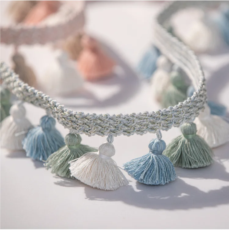 Blue, green, and ivory curtain tassel trim – Eden Garden Fringe by Lemonhone