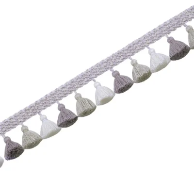 Grey and ivory curtain tassel trim – Eden Garden Fringe with braided band by Lemonhone