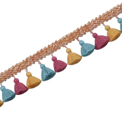 Curtain tassel trim in muted multicolor tones with brown braid – Eden Garden Fringe by Lemonhone