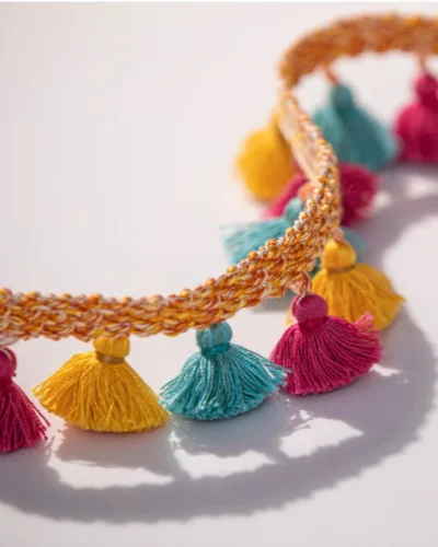 Bright multicolor curtain tassel trim with orange braid – Eden Garden Fringe by Lemonhone