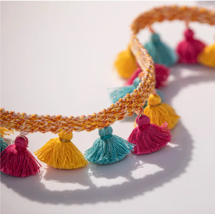 Bright multicolor curtain tassel trim with orange braid – Eden Garden Fringe by Lemonhone