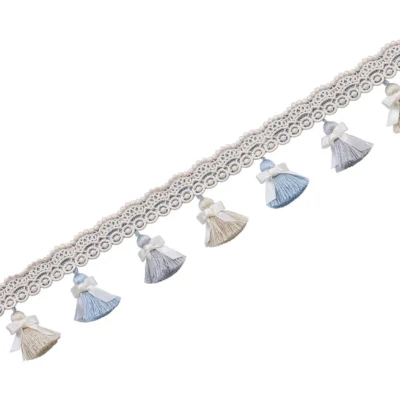 Elysee Curtain Tassel Fringe Trim in light grey blue – luxury trim for classic drapery