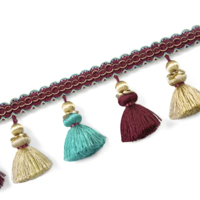 Medici Tassel Curtain Trim with Multicolor Fringe on Woven Band