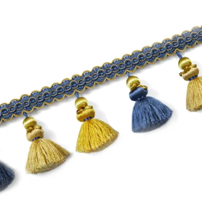 Blue and Gold Medici Tassel Curtain Trim with Woven Band