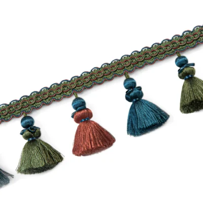 Medici Curtain Tassel Trim in Green, Red, and Navy with Braided Band