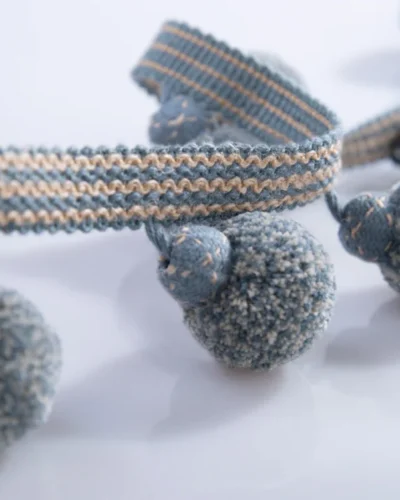 Woven Blue Grey Pom Pom Trim for Curtains or Upholstery