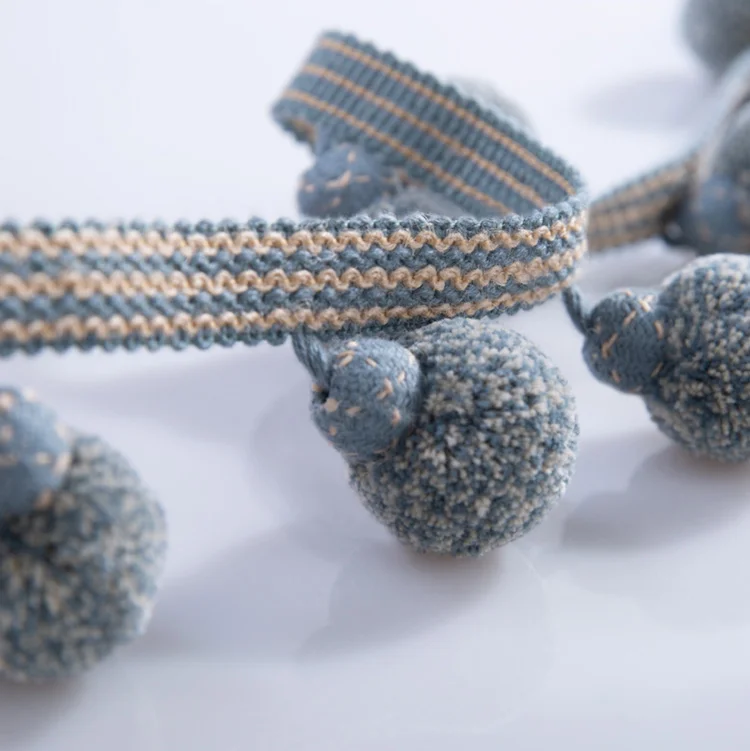 Woven Blue Grey Pom Pom Trim for Curtains or Upholstery