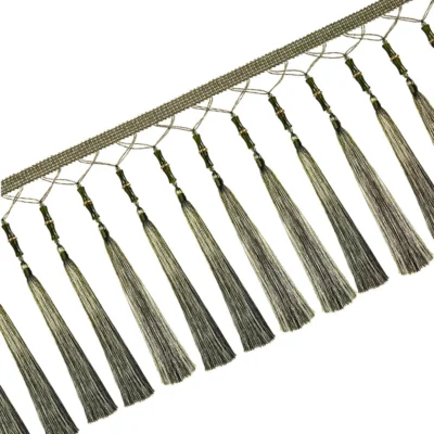 Dark bamboo tassel fringe trim with olive-green accents for curtains