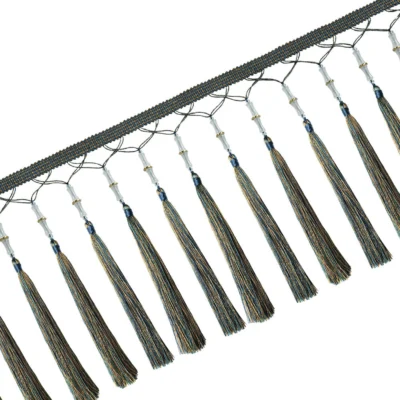 Dark Zen Bamboo Curtain Fringe with green tassels on woven trim