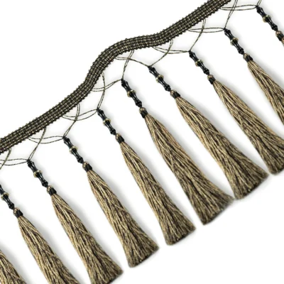 Zen Bamboo Curtain Fringe with leaf-like tassels on woven trim