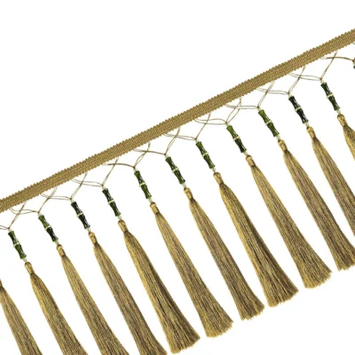 Zen Bamboo Curtain Fringe with leaf-like tassels on woven trim