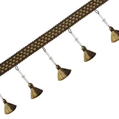Brown tassel curtain trim with chestnut bamboo-style weave and hanging accents