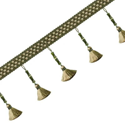 Green curtain trim with olive bamboo-inspired weave and hanging tassels